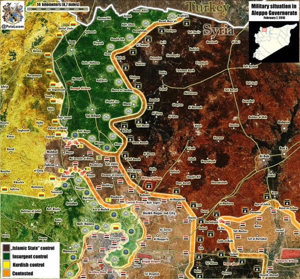 Расклад противоборствующих сил на севере Алеппо. Тёмно-коричневый – ИГ, жёлтый – курды, зелёный – джихадисты, светло-коричневый – сирийская армия. s1.jpg 