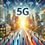 Город с высокоскоростной сетью 5G, люди пользуются современными технологиями.